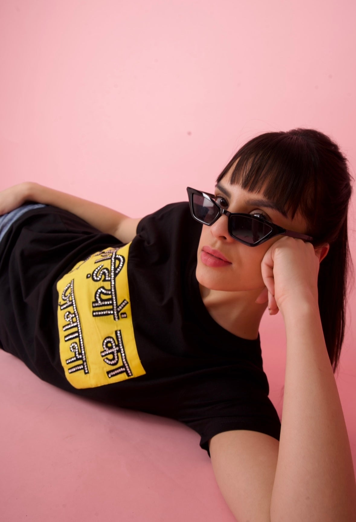 Black Embroidered T-Shirt "Kudiyon Ka Hai Zamana..." Printed in Front