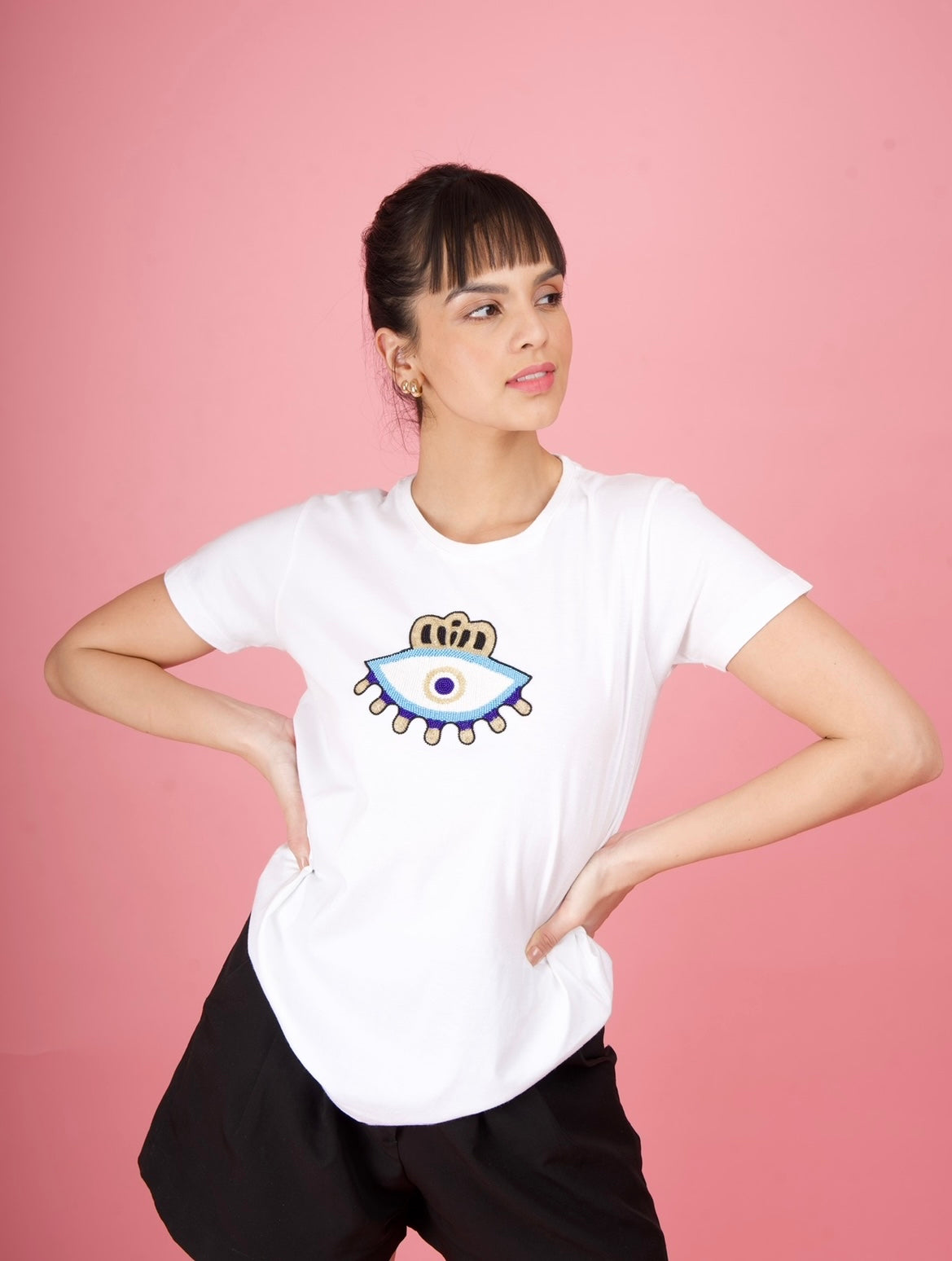 White Embroidered Evil Eye T-Shirt