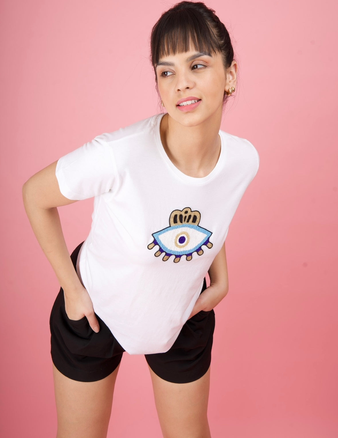 White Embroidered Evil Eye T-Shirt