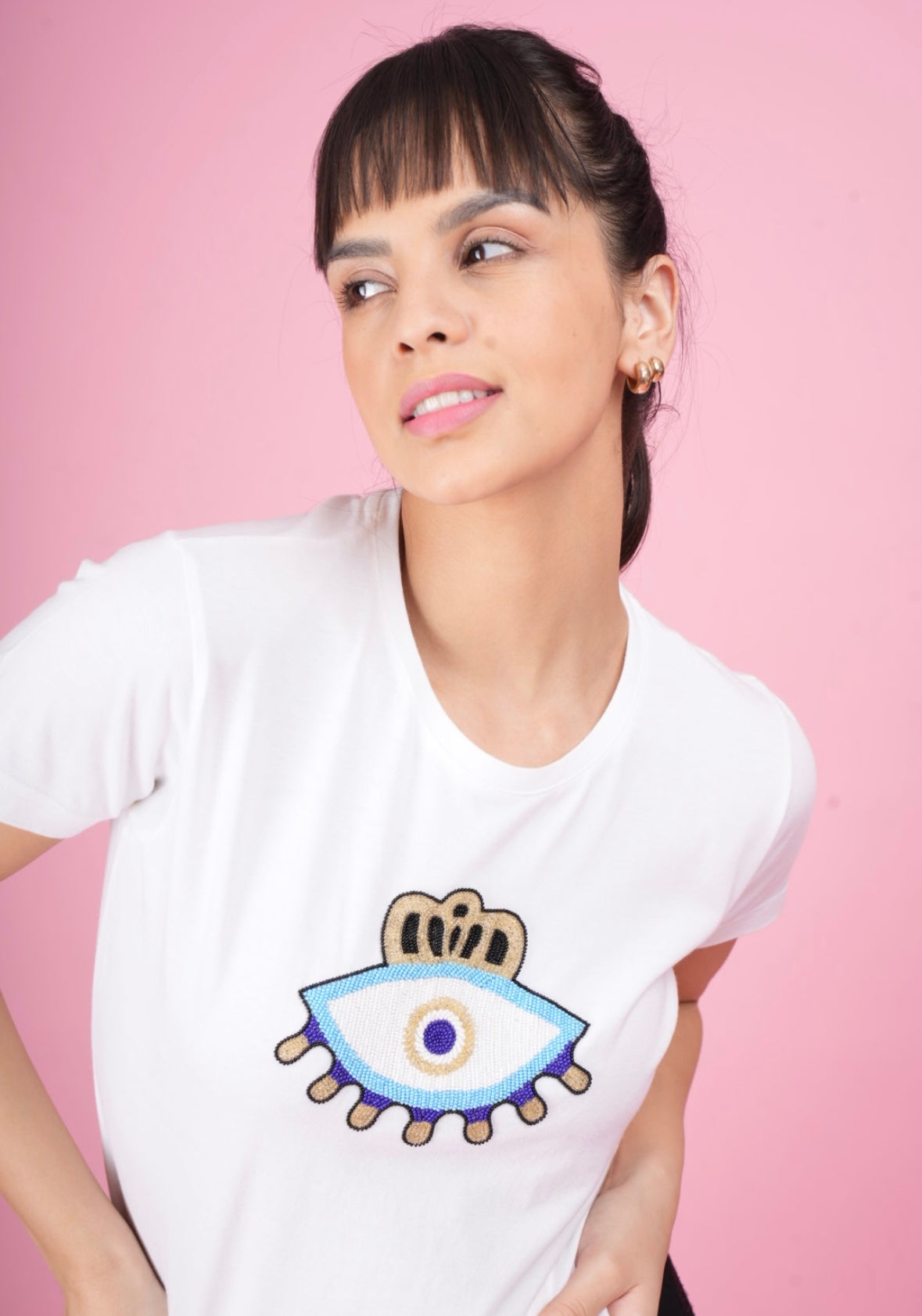 White Embroidered Evil Eye T-Shirt
