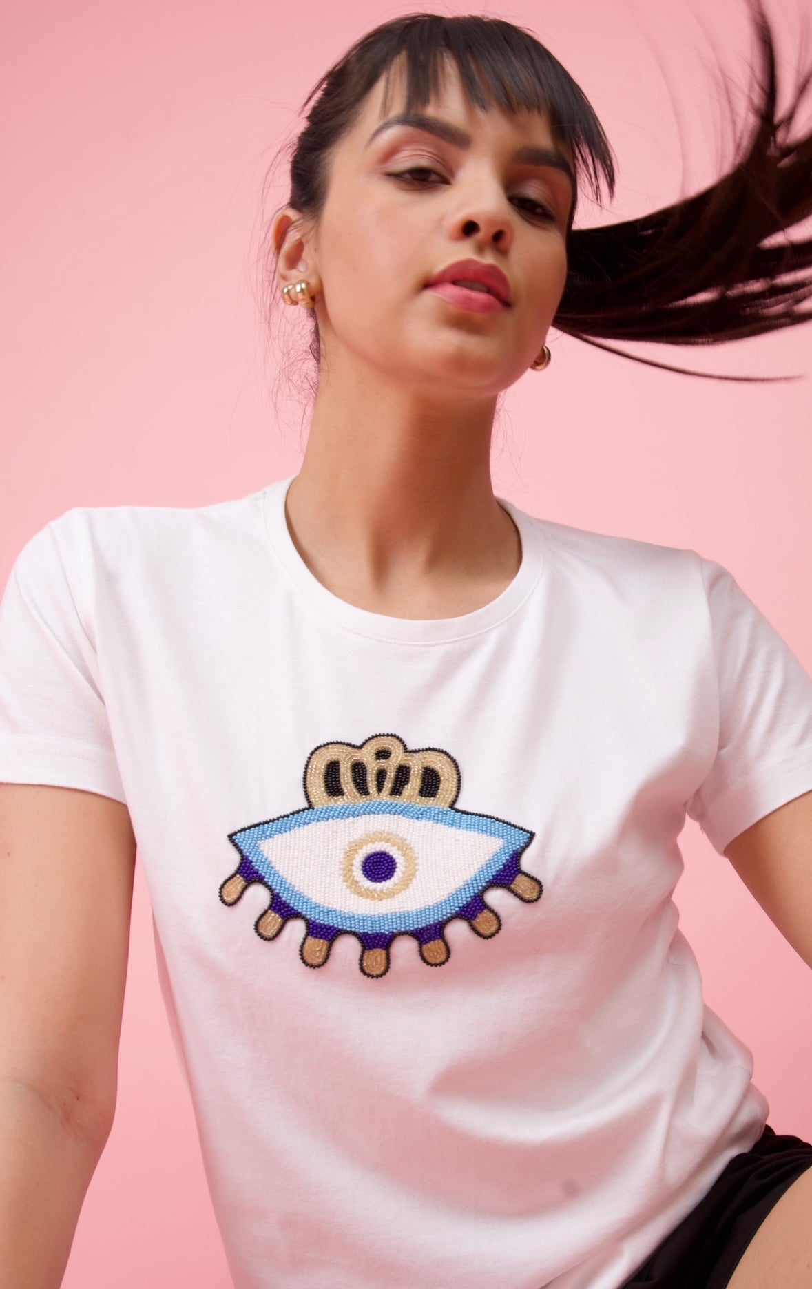 White Embroidered Evil Eye T-Shirt