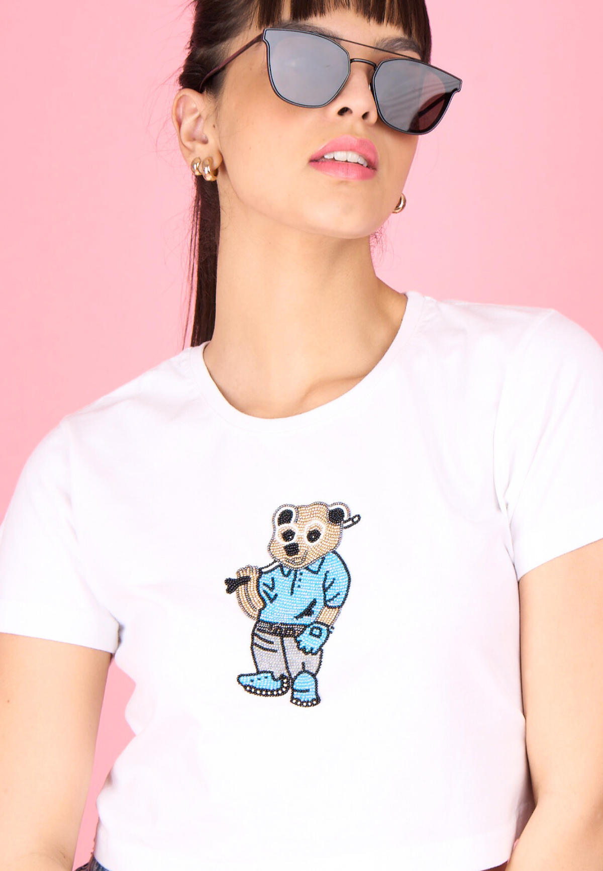 White Embroidered Teddy Crop T-Shirt