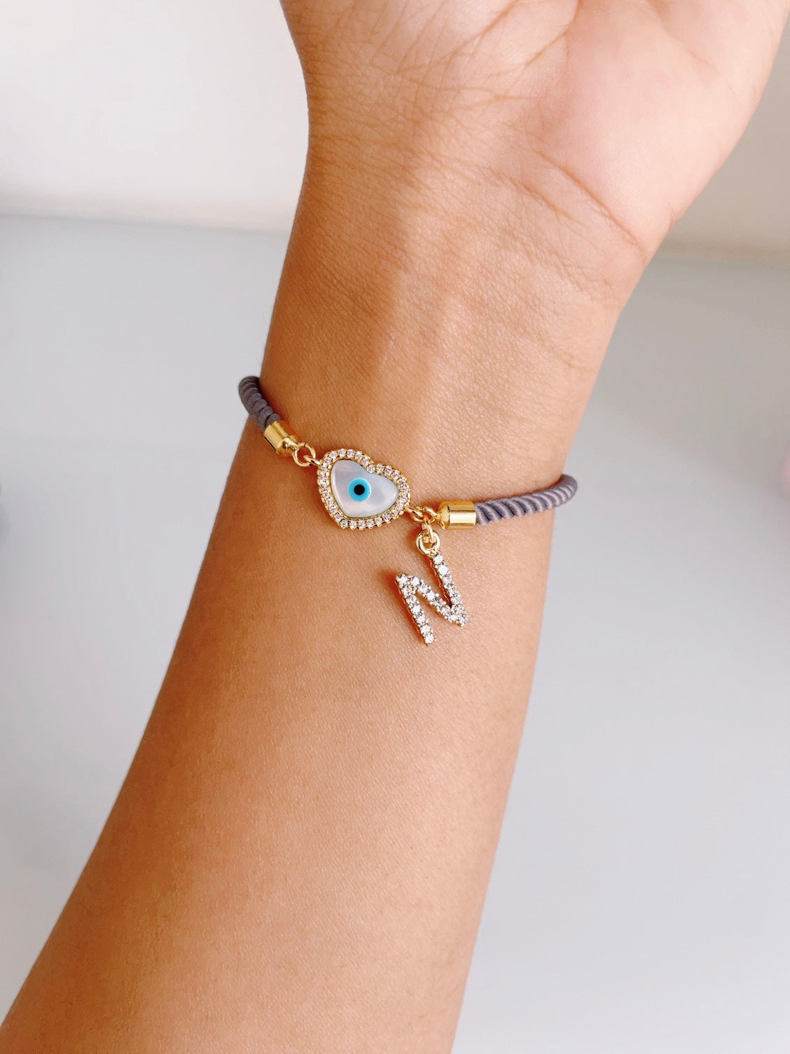 Personalised Heart Evil Eye Bracelet with Grey Cord