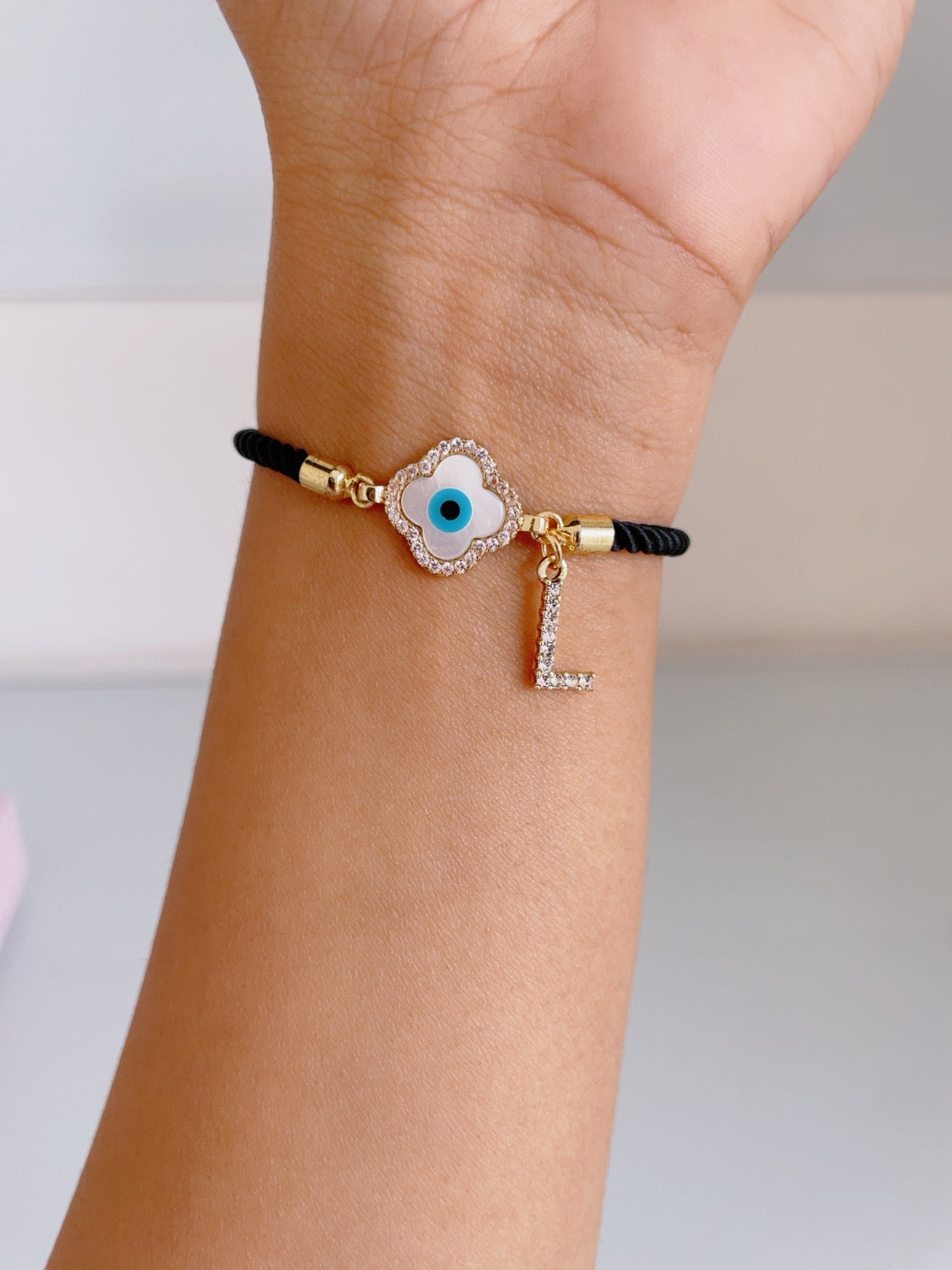Personalised Clover Evil Eye Bracelet with Black Cord