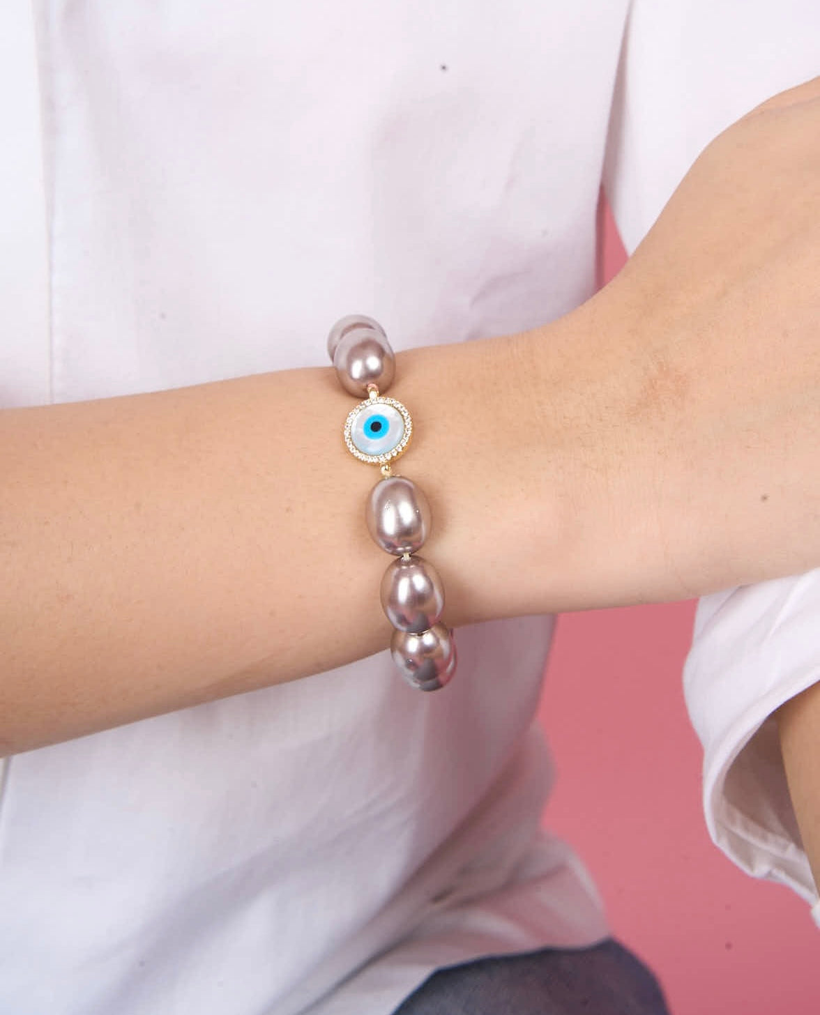 Fresh Water Pearl Evil Eye Diamante Bracelet Iridescent