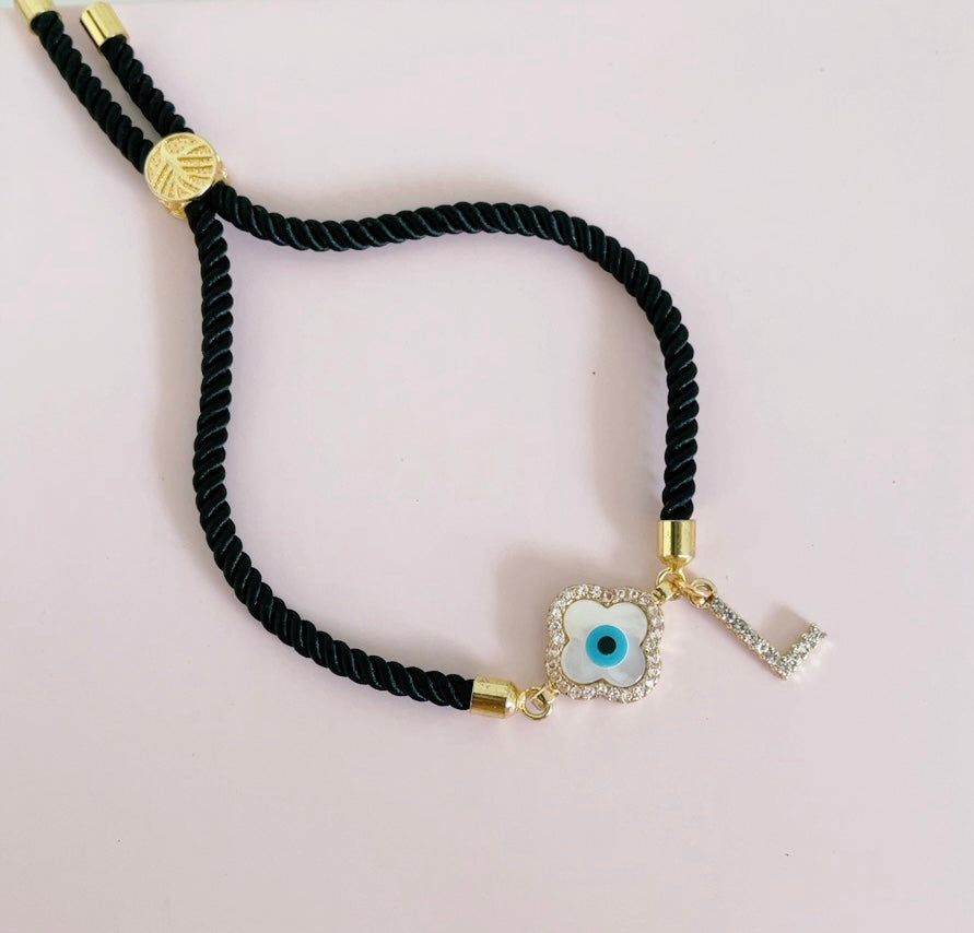 Personalised Clover Evil Eye Bracelet with Black Cord