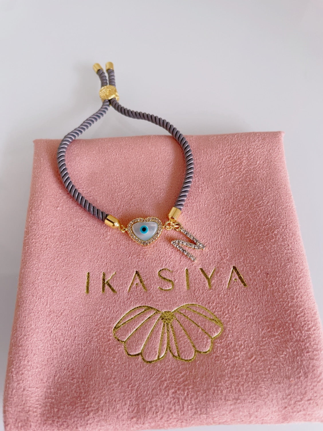 Personalised Heart Evil Eye Bracelet with Grey Cord