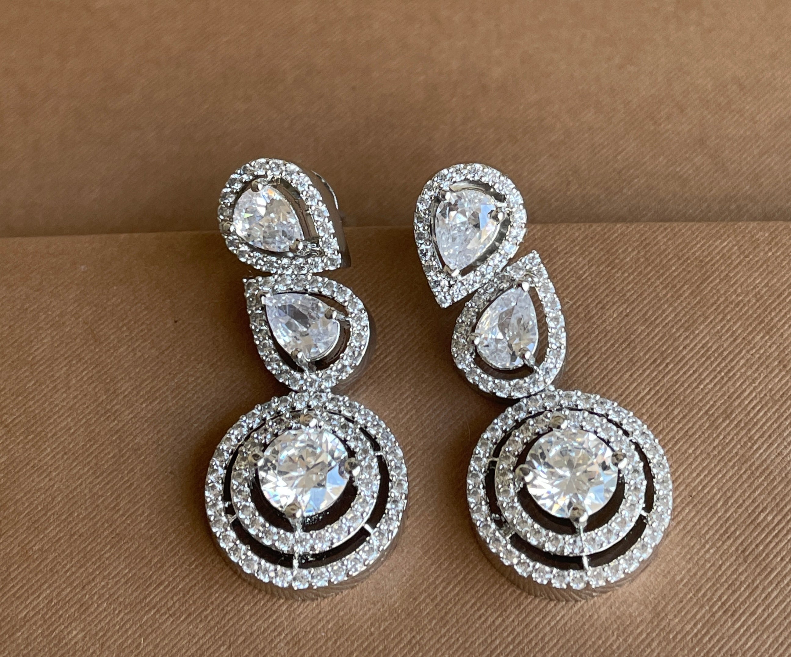 White Diamonds Finish Leaf Drop Earrings