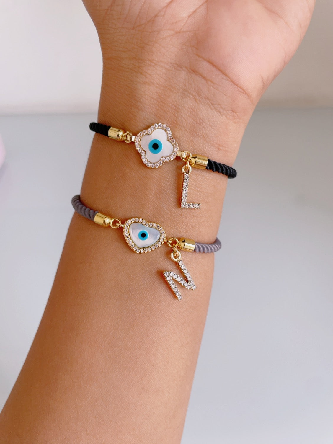 Personalised Clover Evil Eye Bracelet with Black Cord