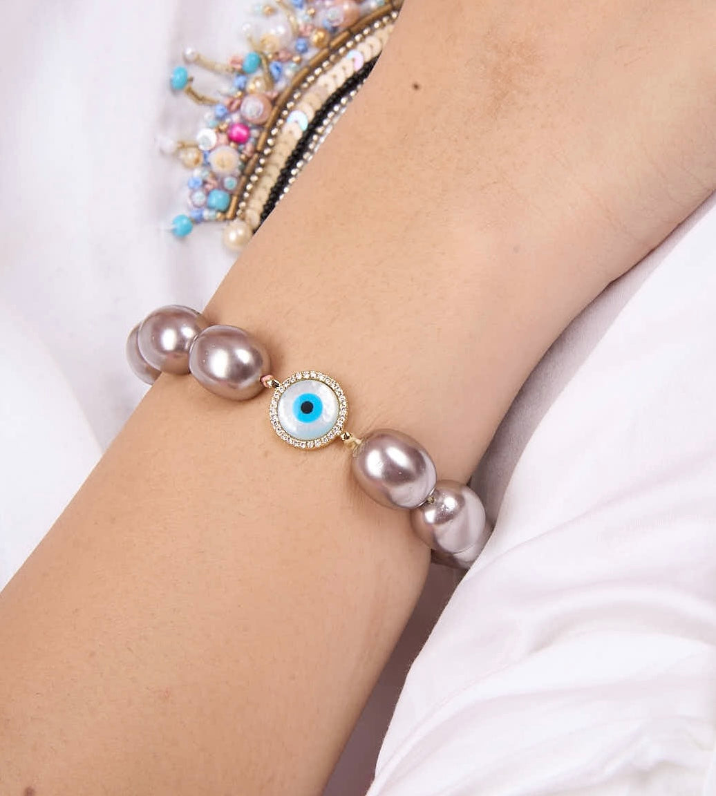 Fresh Water Pearl Evil Eye Diamante Bracelet Iridescent