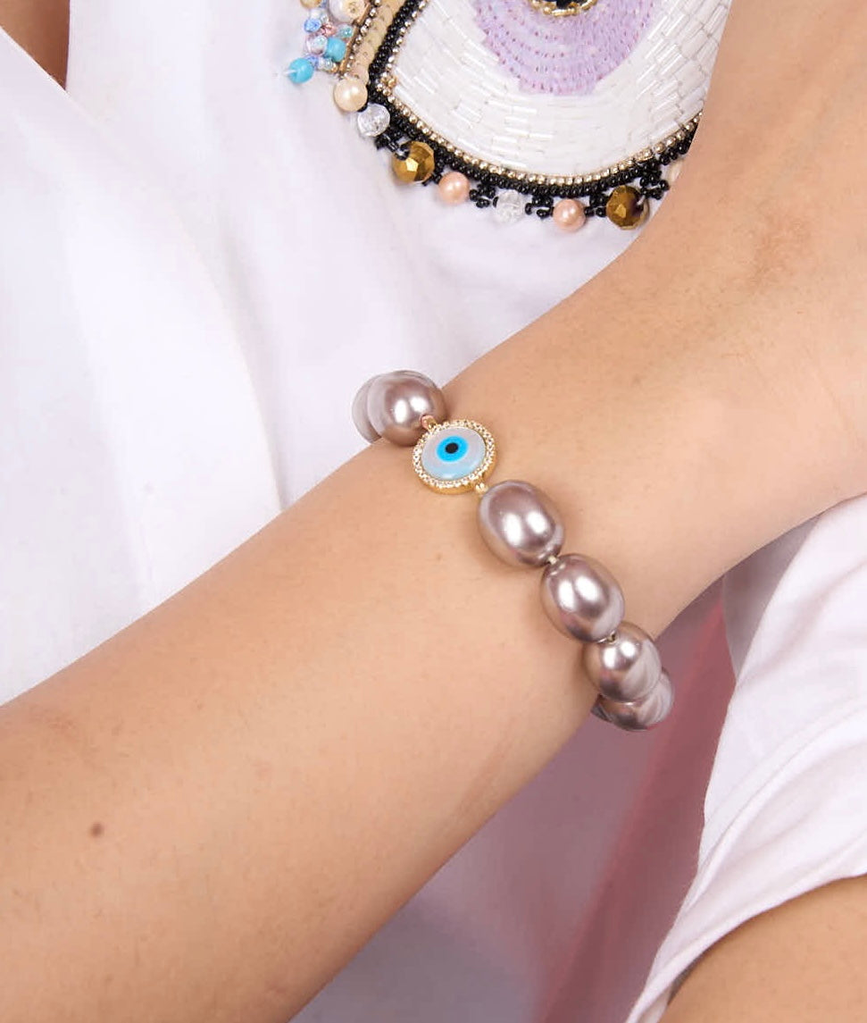 Fresh Water Pearl Evil Eye Diamante Bracelet Iridescent