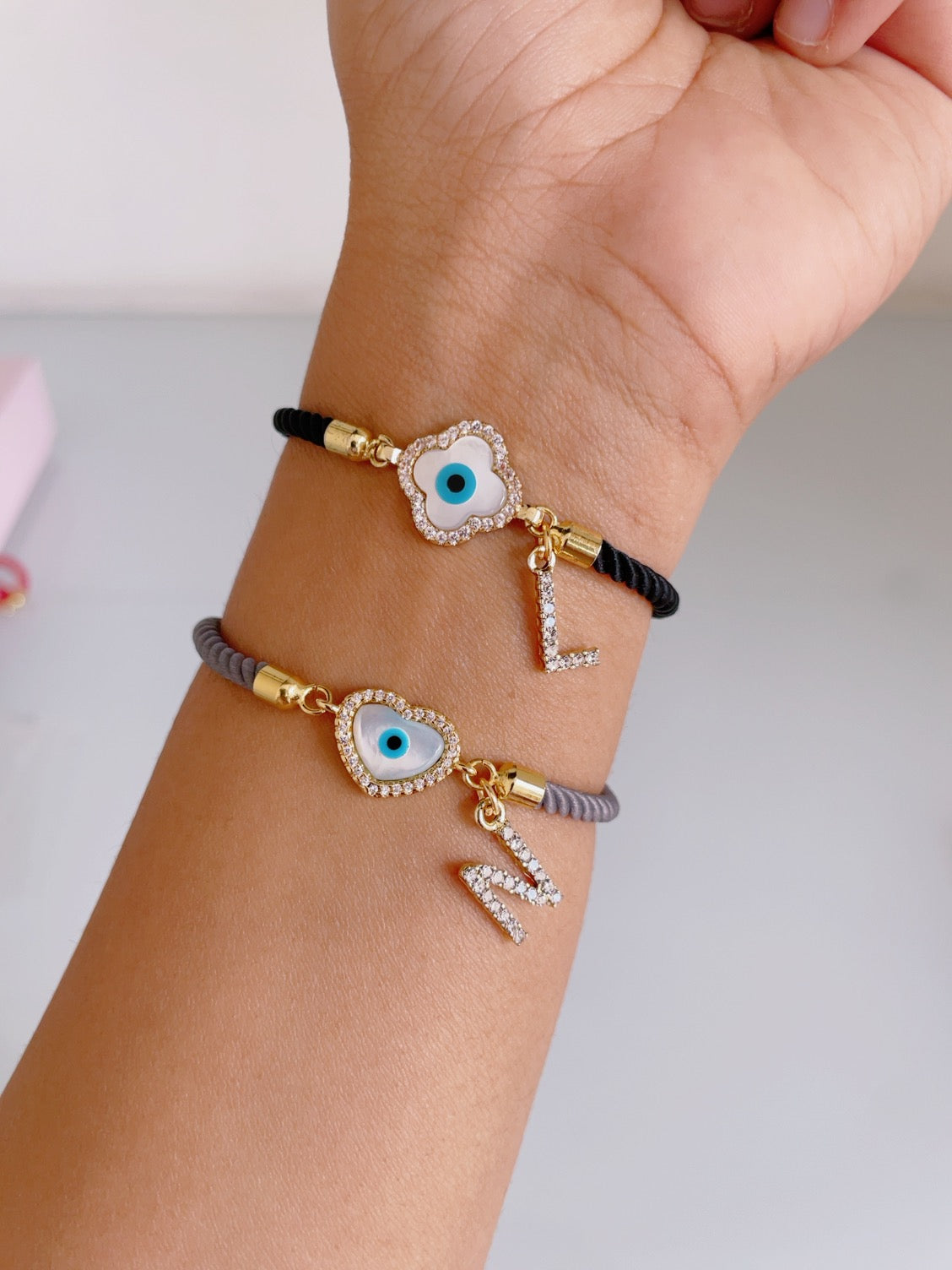 Personalised Heart Evil Eye Bracelet with Grey Cord