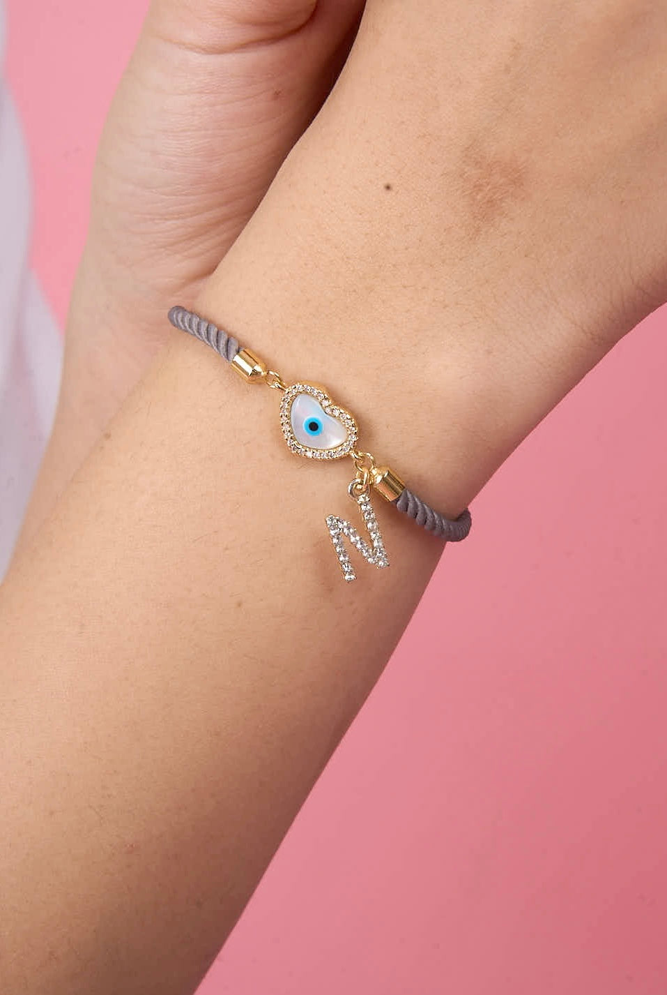 Personalised Heart Evil Eye Bracelet with Grey Cord