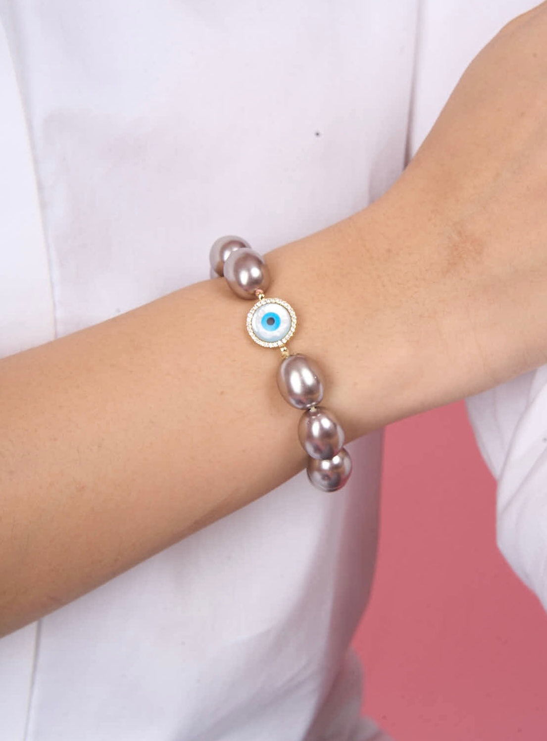 Fresh Water Pearl Evil Eye Diamante Bracelet Iridescent