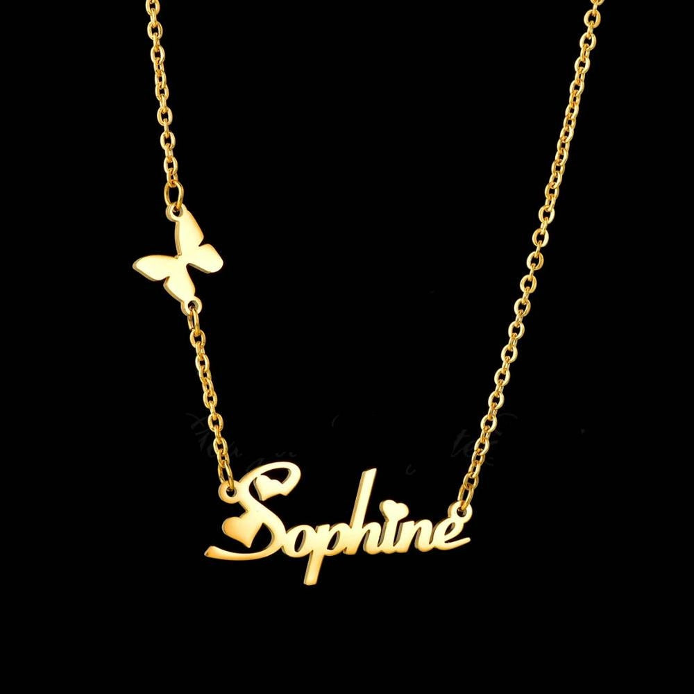 Personalized Gold Plated Name Necklace with Butterfly & Heart