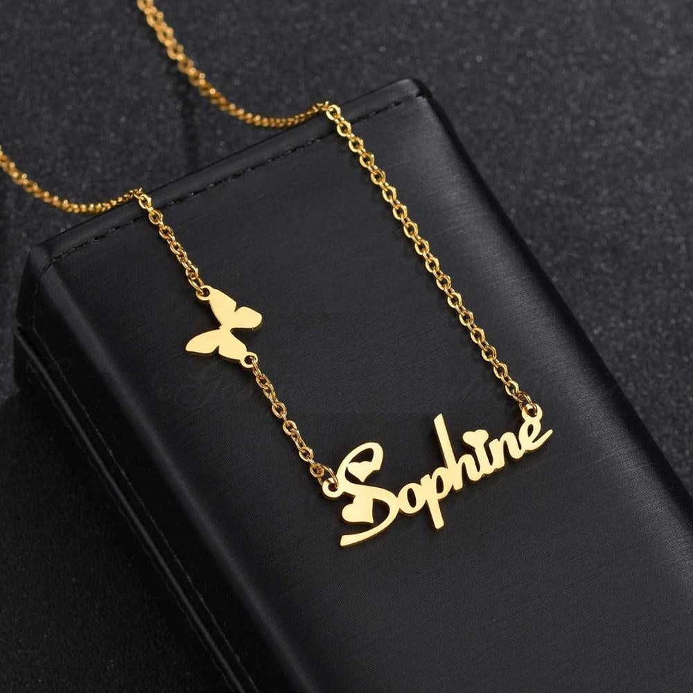 Personalized Gold Plated Name Necklace with Butterfly & Heart