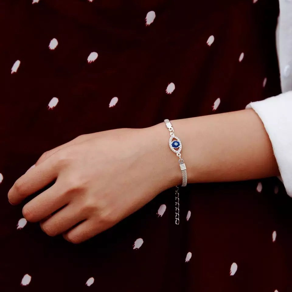 Ikasiya Silver Studded Blue Evil Eye Bracelet