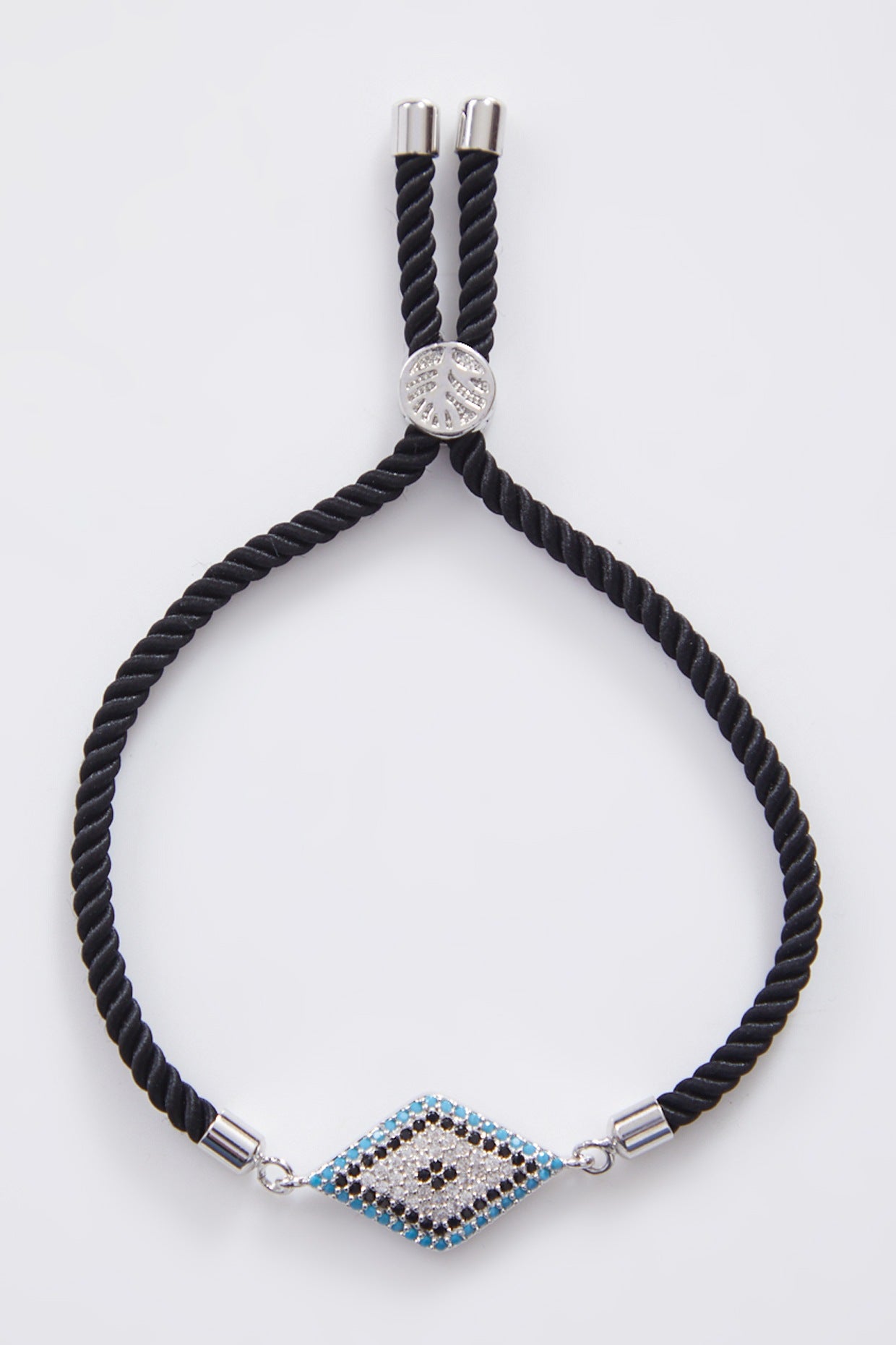Diamond Silver Blue Evil Eye Rakhi With Black Adjustable String