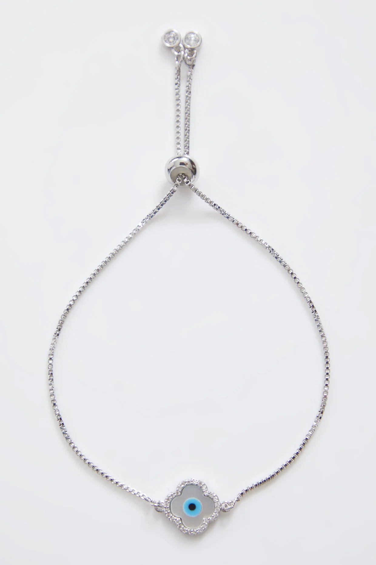 Delicate Mother of Pearl Silver Evil Eye Rakhi With Silver Adjustable String