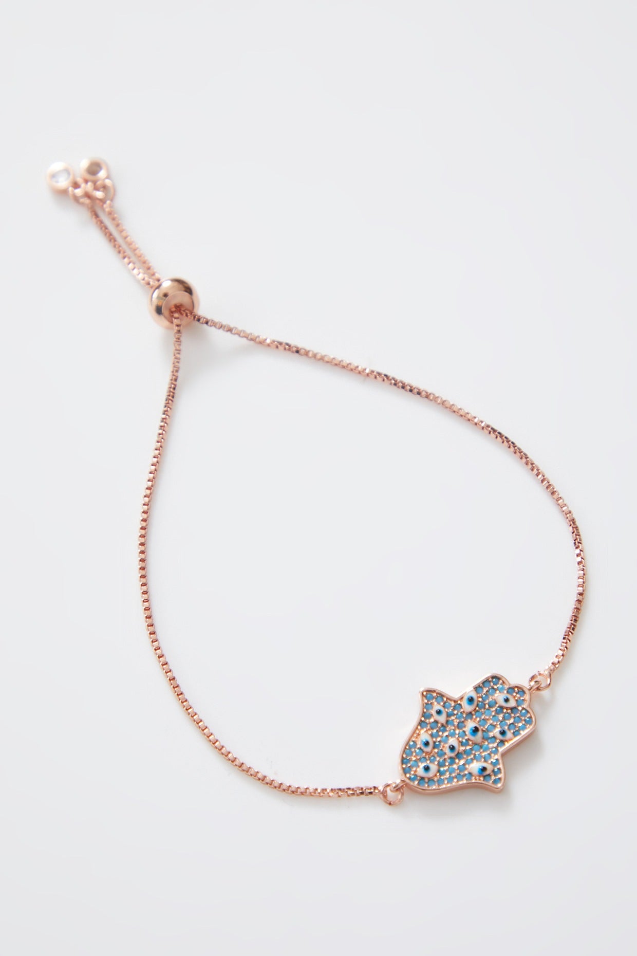 Encrusted Rose Gold Hamza Evil Eye Bracelet With Adjustable String