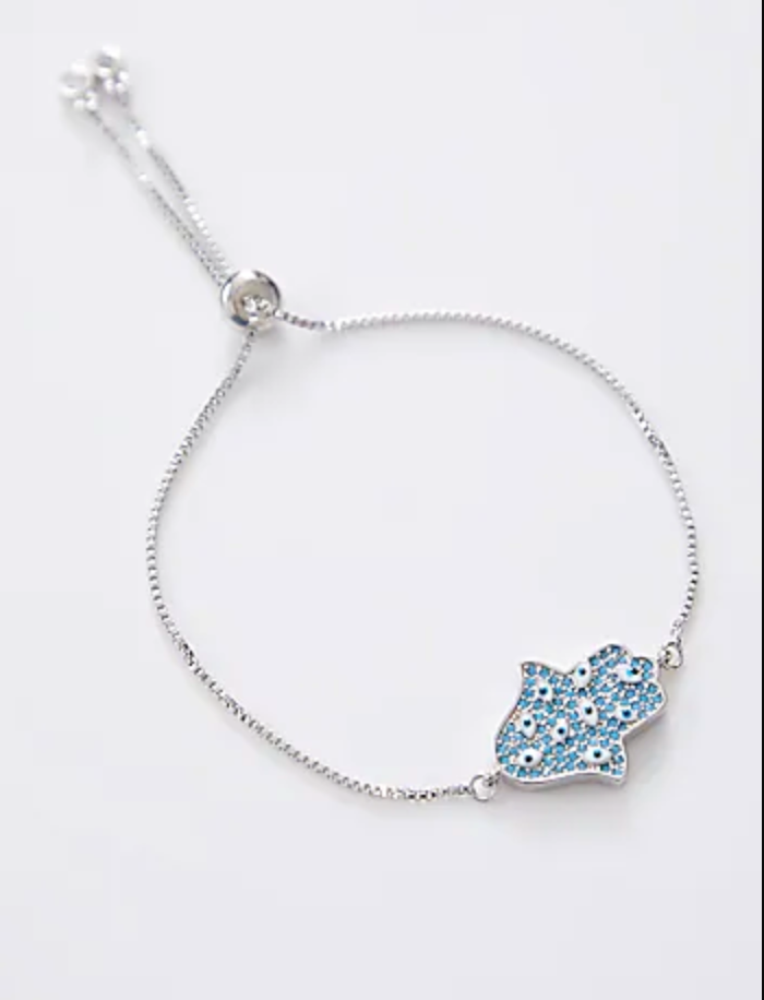 Studded Silver Blue Hamza Evil Eye Rakhi With Adjustable String