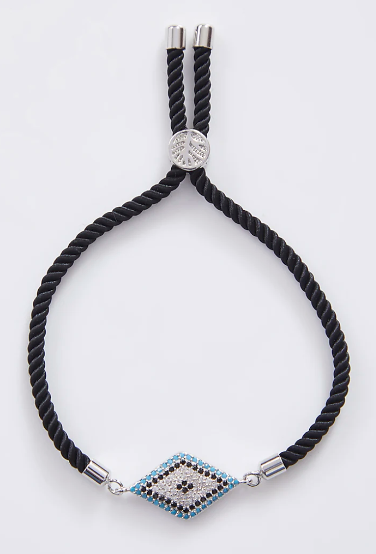 Diamond Crusted Silver Evil Eye Rakhi With Adjustable String