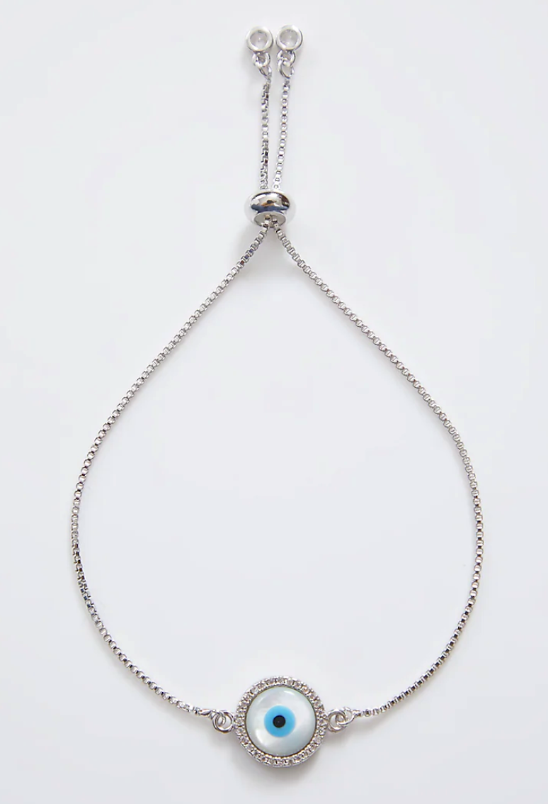 Round Silver Pearl Evil Eye Rakhi With Silver Adjustable String