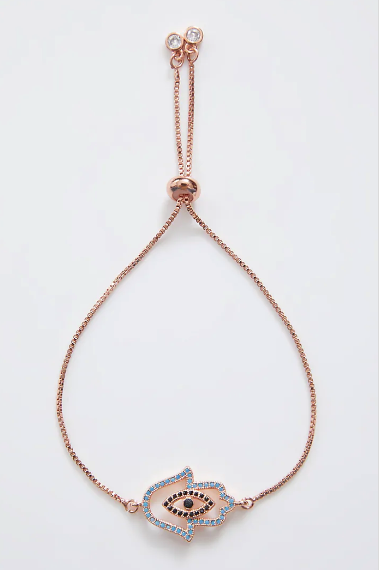 Double Encrusted Rose Gold Hamza Evil Eye Bracelet With Adjustable String