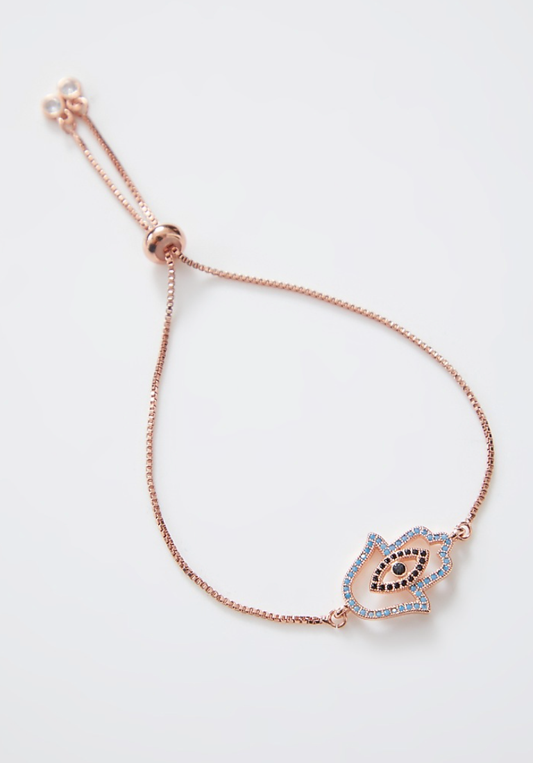 Double Encrusted Rose Gold Hamza Evil Eye Bracelet With Adjustable String