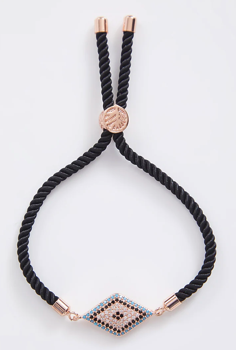 Diamond Rose Gold Blue Evil Eye Rakhi With Black Adjustable String