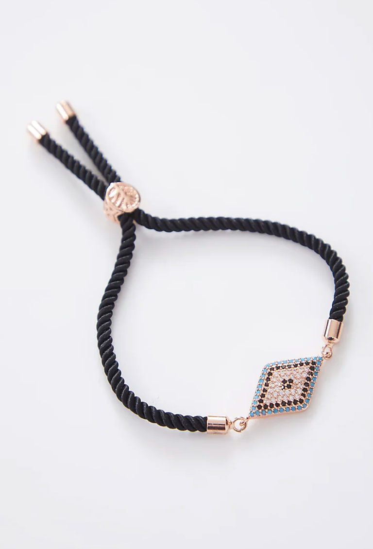 Diamond Rose Gold Blue Evil Eye Rakhi With Black Adjustable String