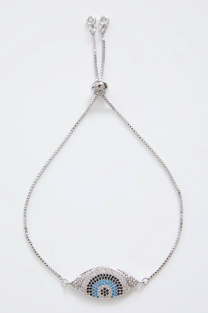 Crusted Silver Evil Eye Rakhi With Silver Adjustable String