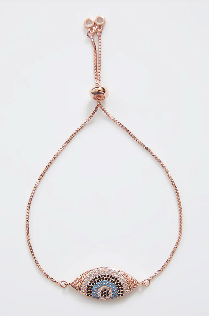 Crusted Rose Gold Evil Eye Rakhi With Rose Gold Adjustable String