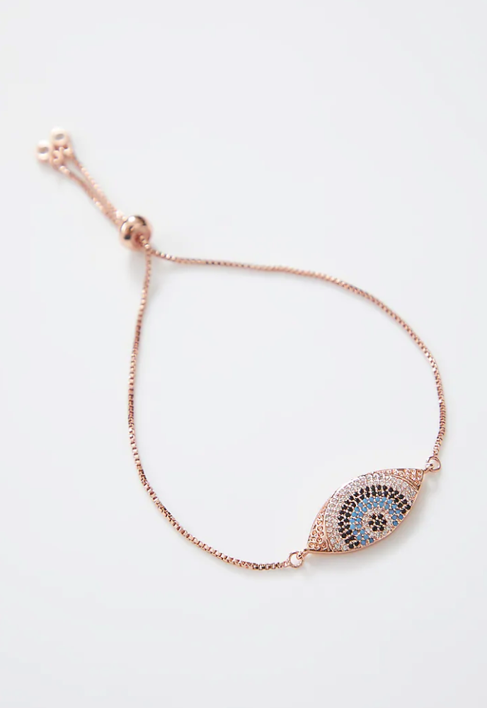 Crusted Rose Gold Evil Eye Rakhi With Rose Gold Adjustable String