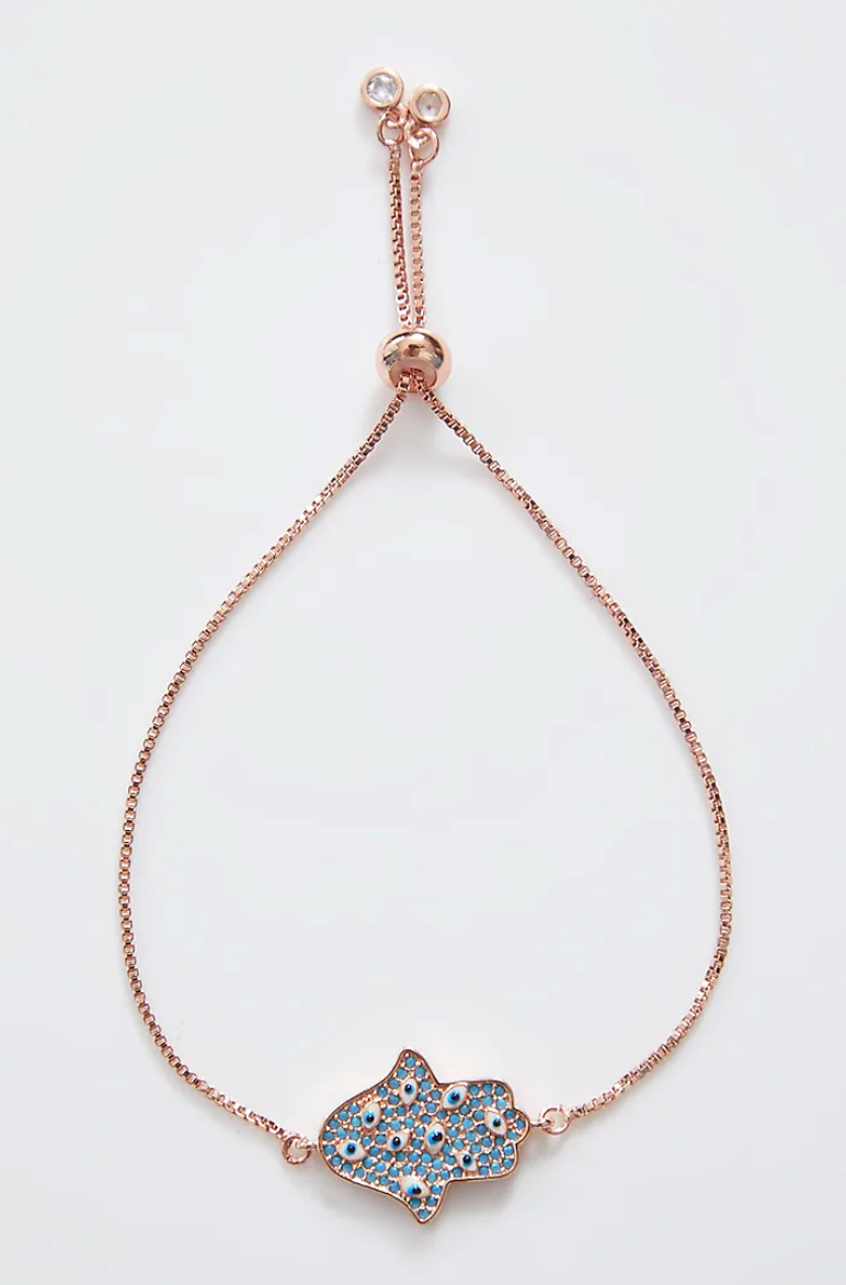 Encrusted Rose Gold Hamza Evil Eye Bracelet With Adjustable String