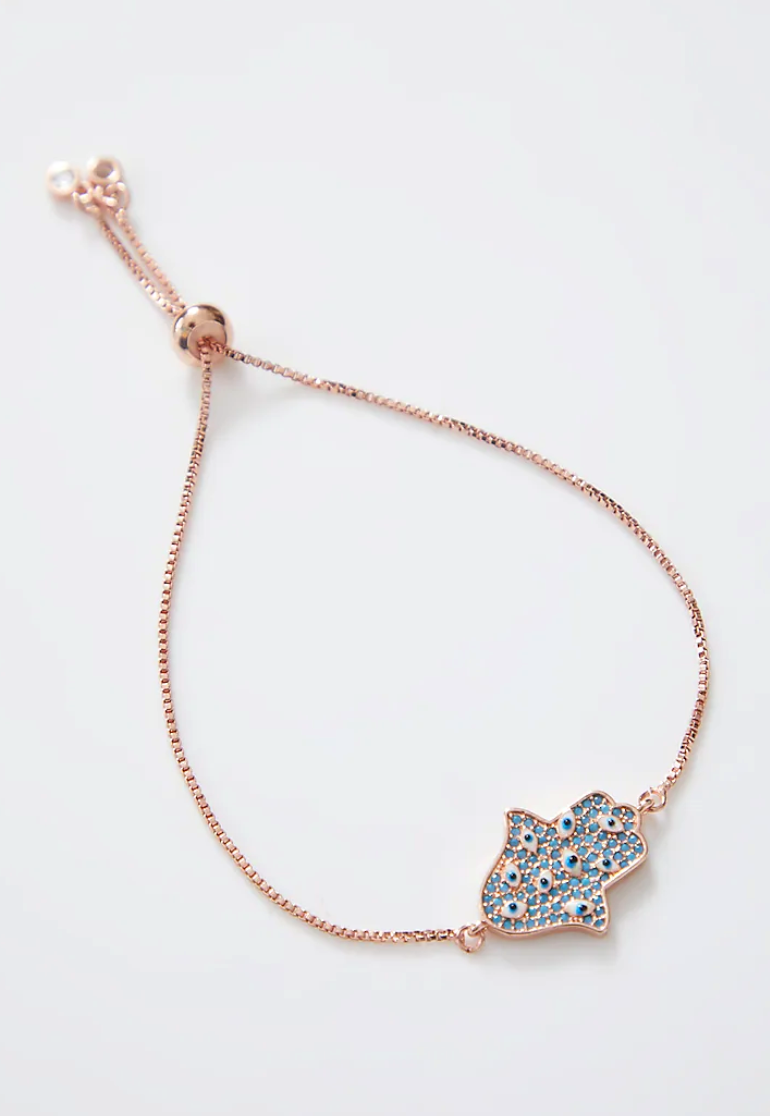 Encrusted Rose Gold Hamza Evil Eye Bracelet With Adjustable String