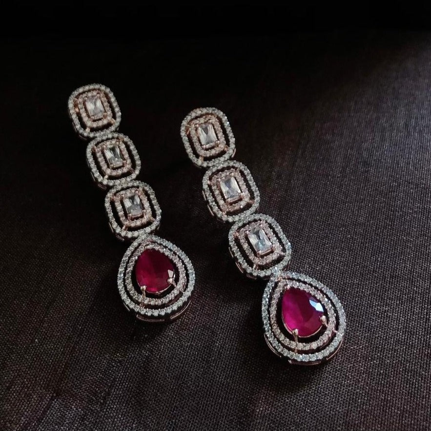White Diamonds With Ruby Long Earrings
