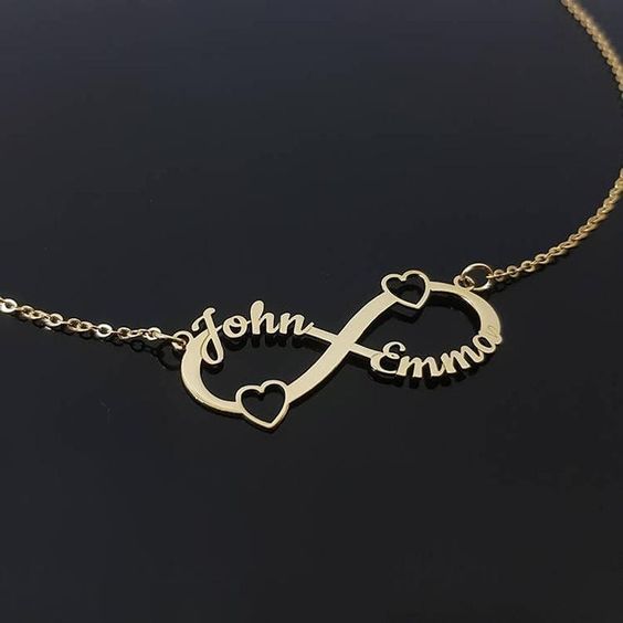 Personalized Gold Plated Infinity Name Necklace with hearts (Features two names)