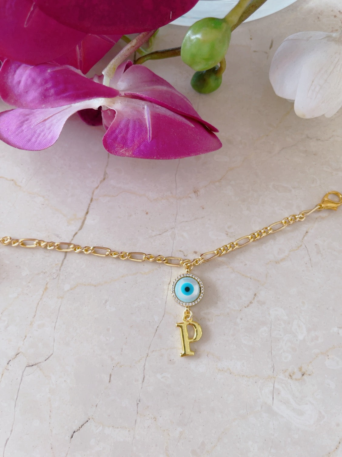 Personalised Round Evil Eye Gold Letter bracelet with Adjustable Cord
