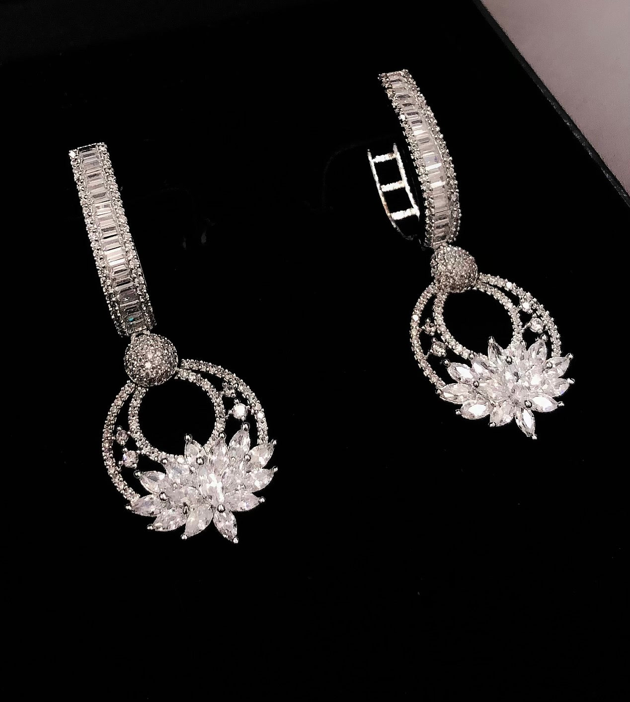 Diamond Flower Hoop Earrings with Baguettes