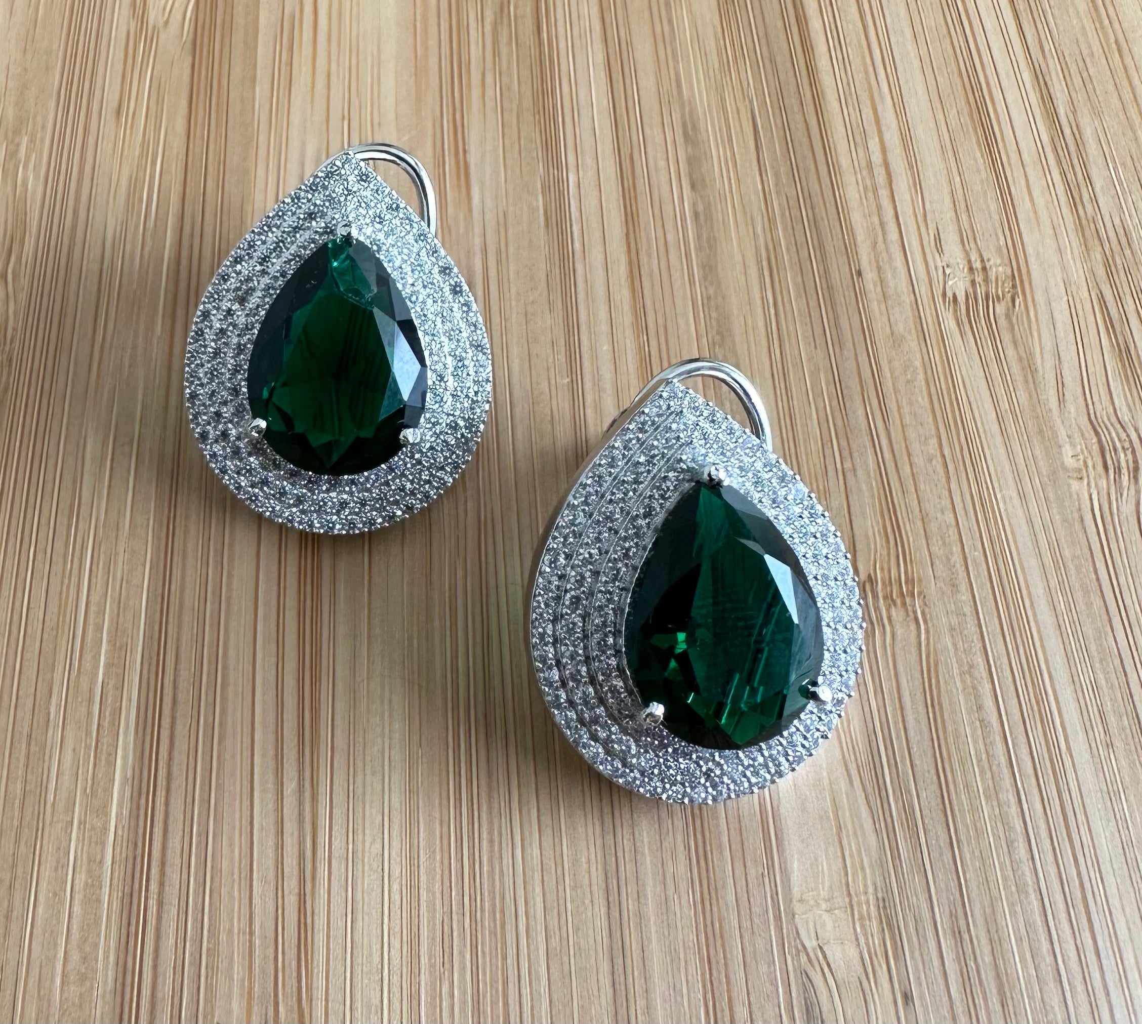 White Diamond Green Stud Earrings