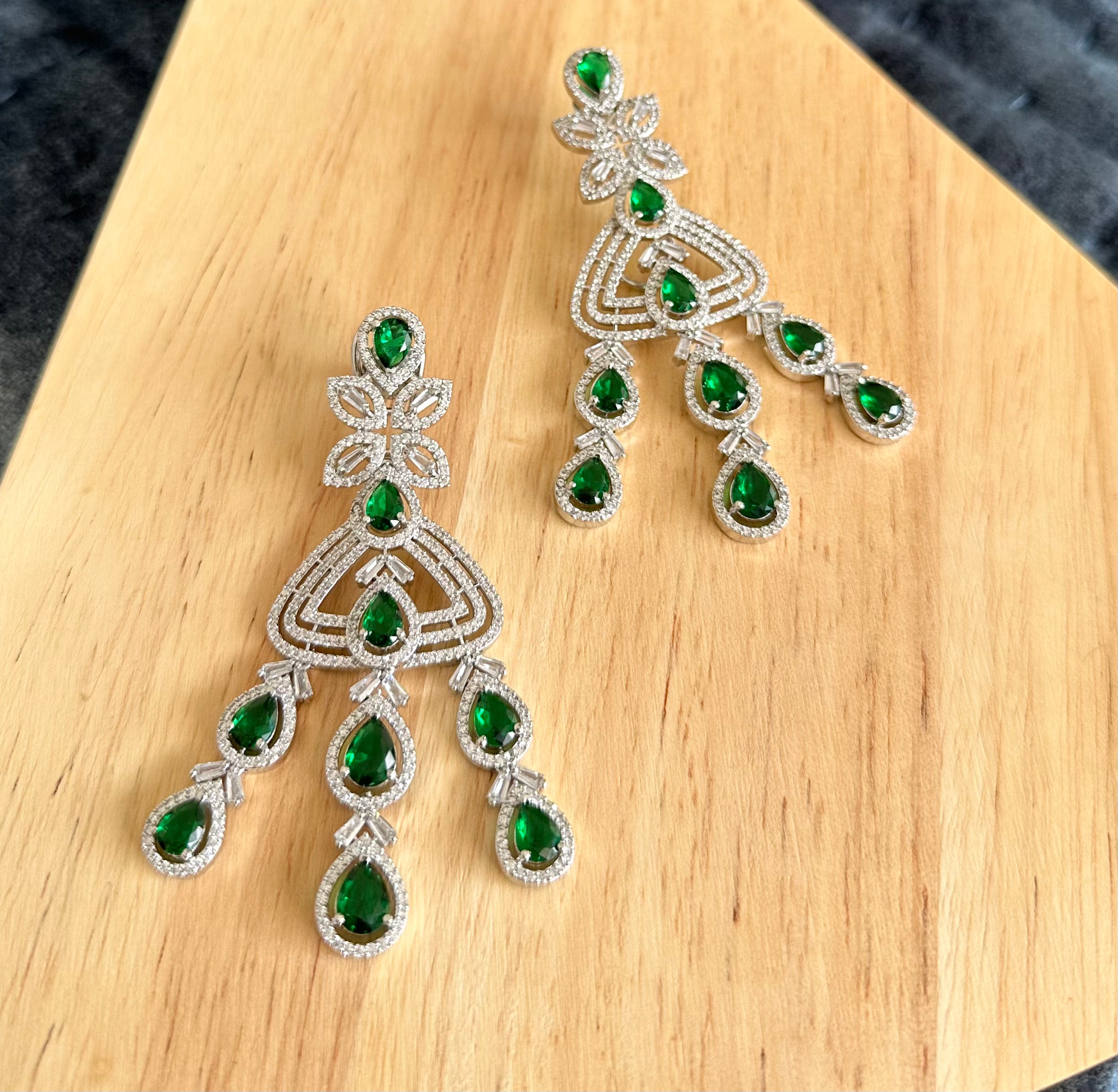 White Diamonds Long Earrings with Green Stones