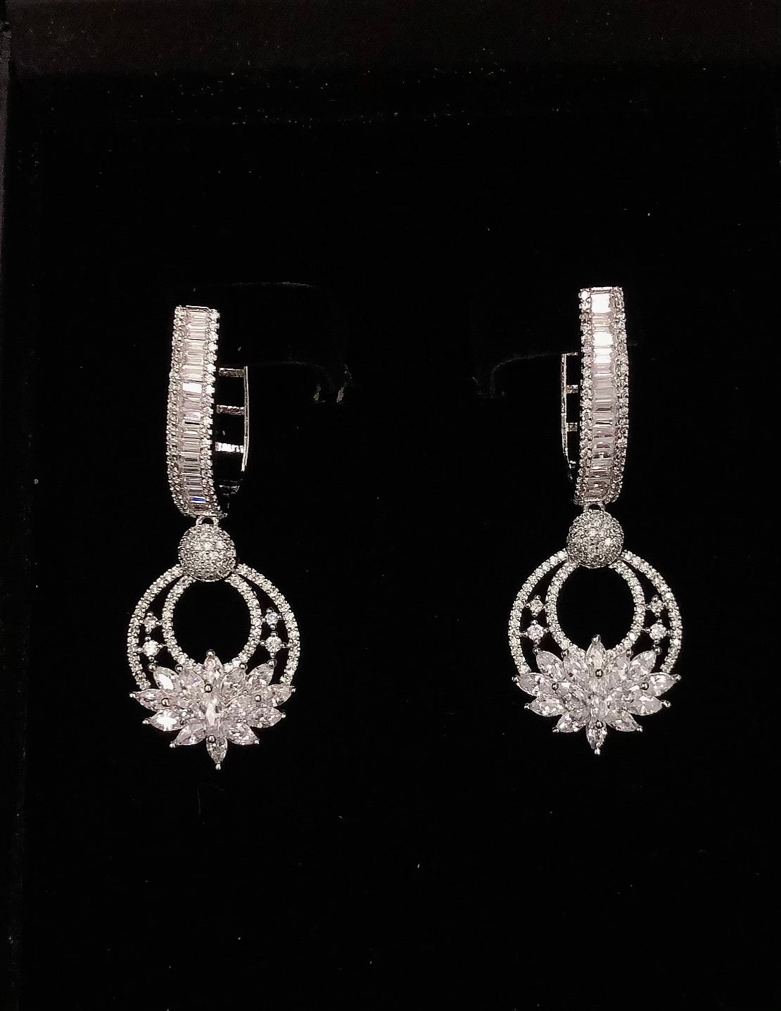 Diamond Flower Hoop Earrings with Baguettes