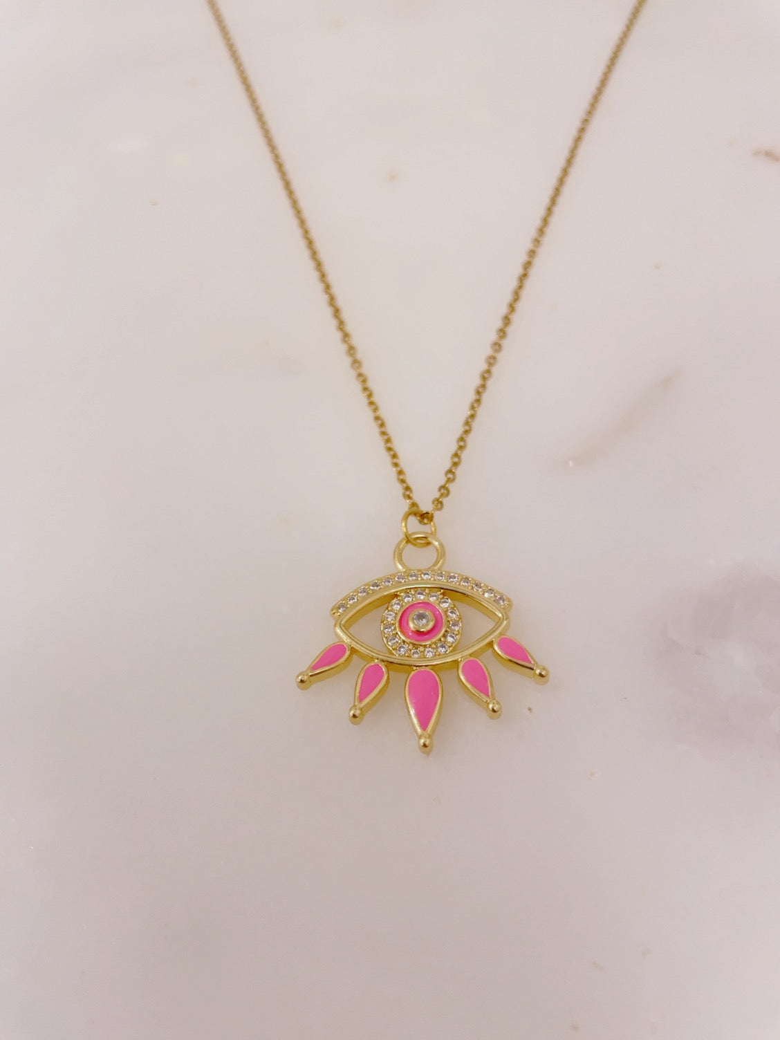 Ikasiya Pink Crystal Studded Evil Eye Necklace