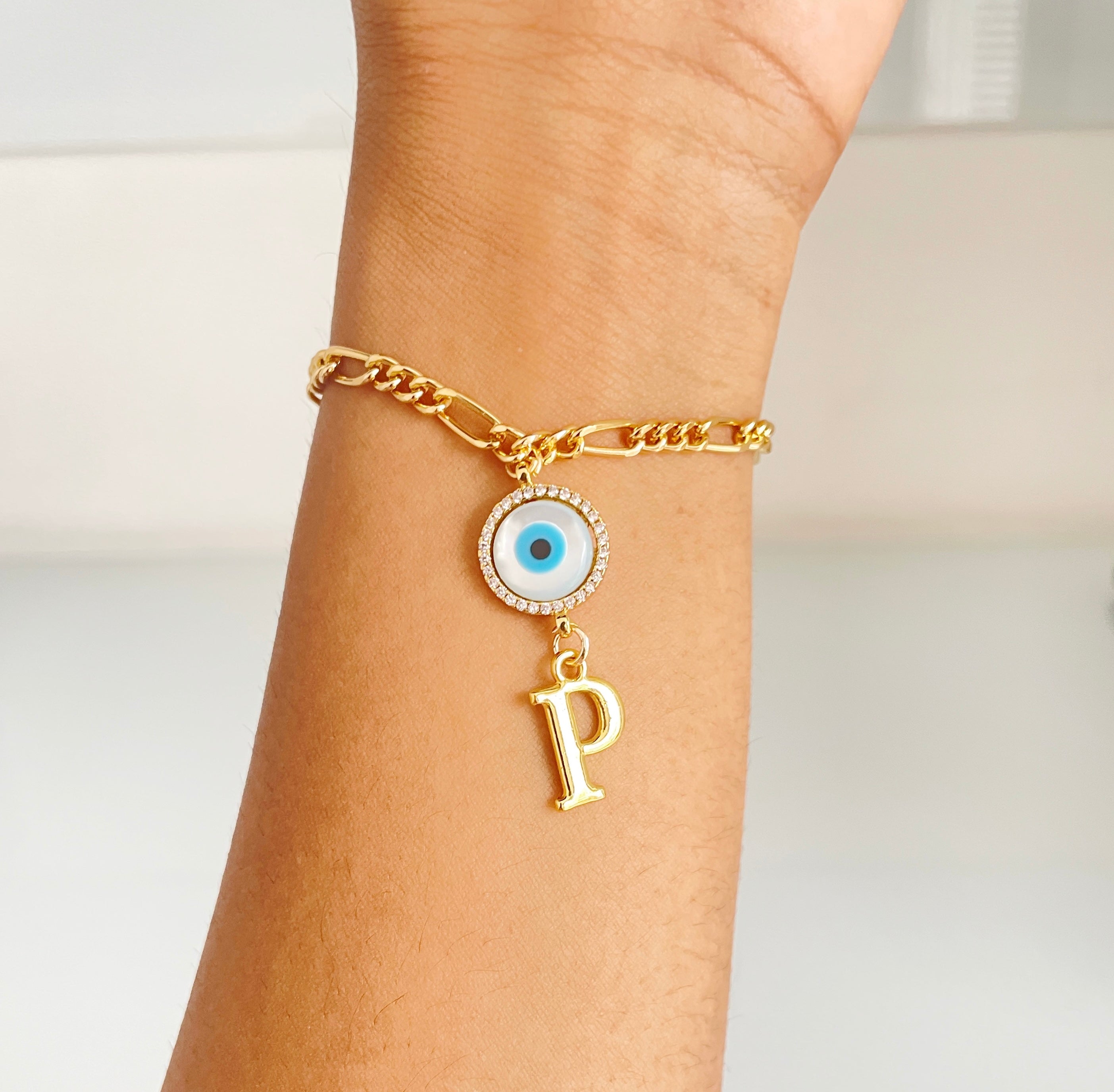 Personalised Round Evil Eye Gold Letter bracelet with Adjustable Cord