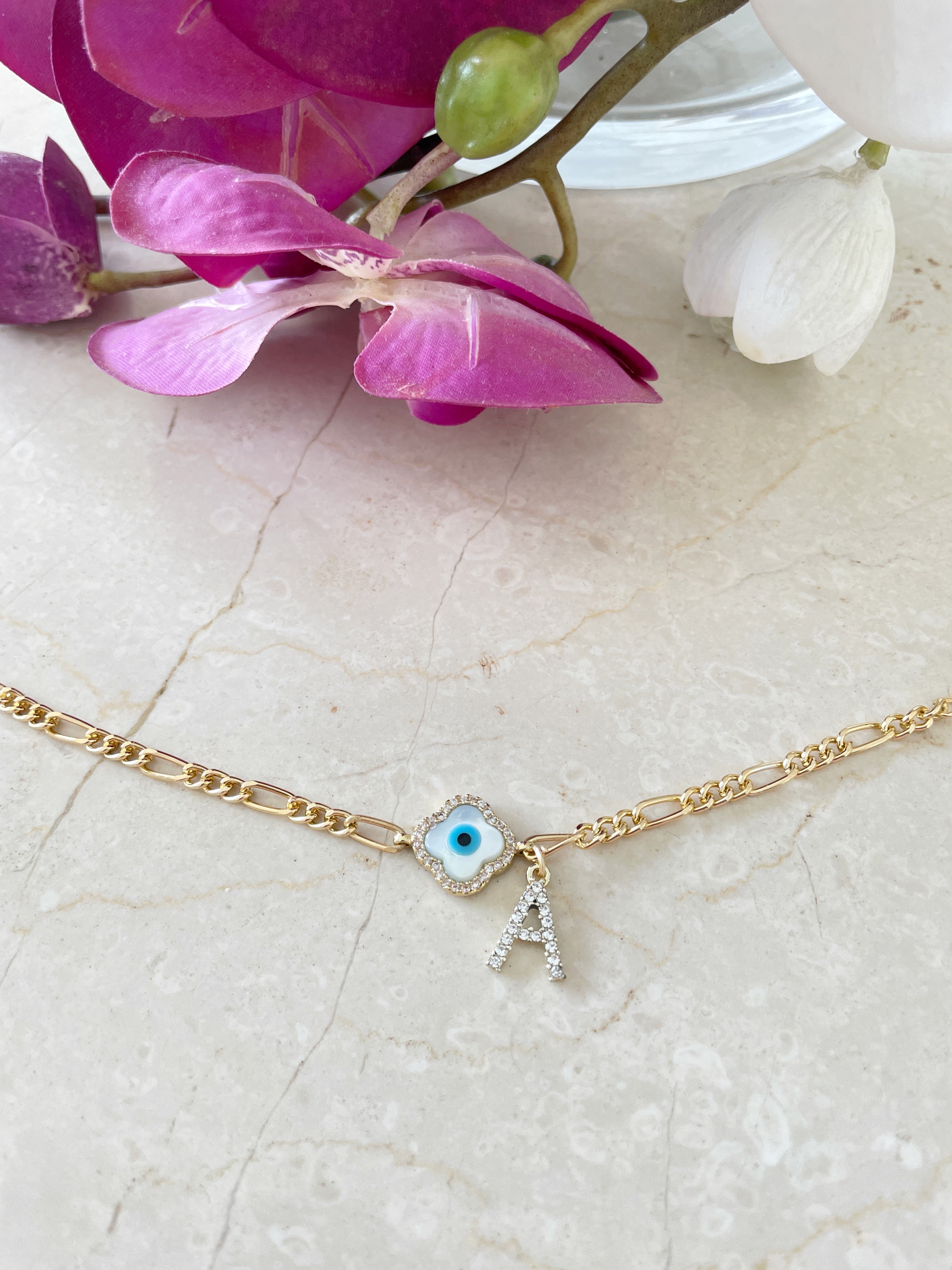Personalised Clover Evil Eye Diamanté Letter bracelet with Adjustable Cord
