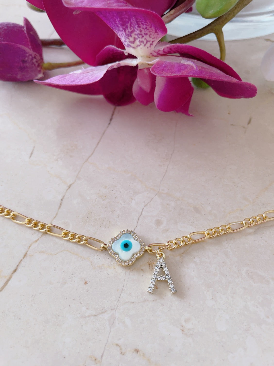 Personalised Clover Evil Eye Diamanté Letter bracelet with Adjustable Cord