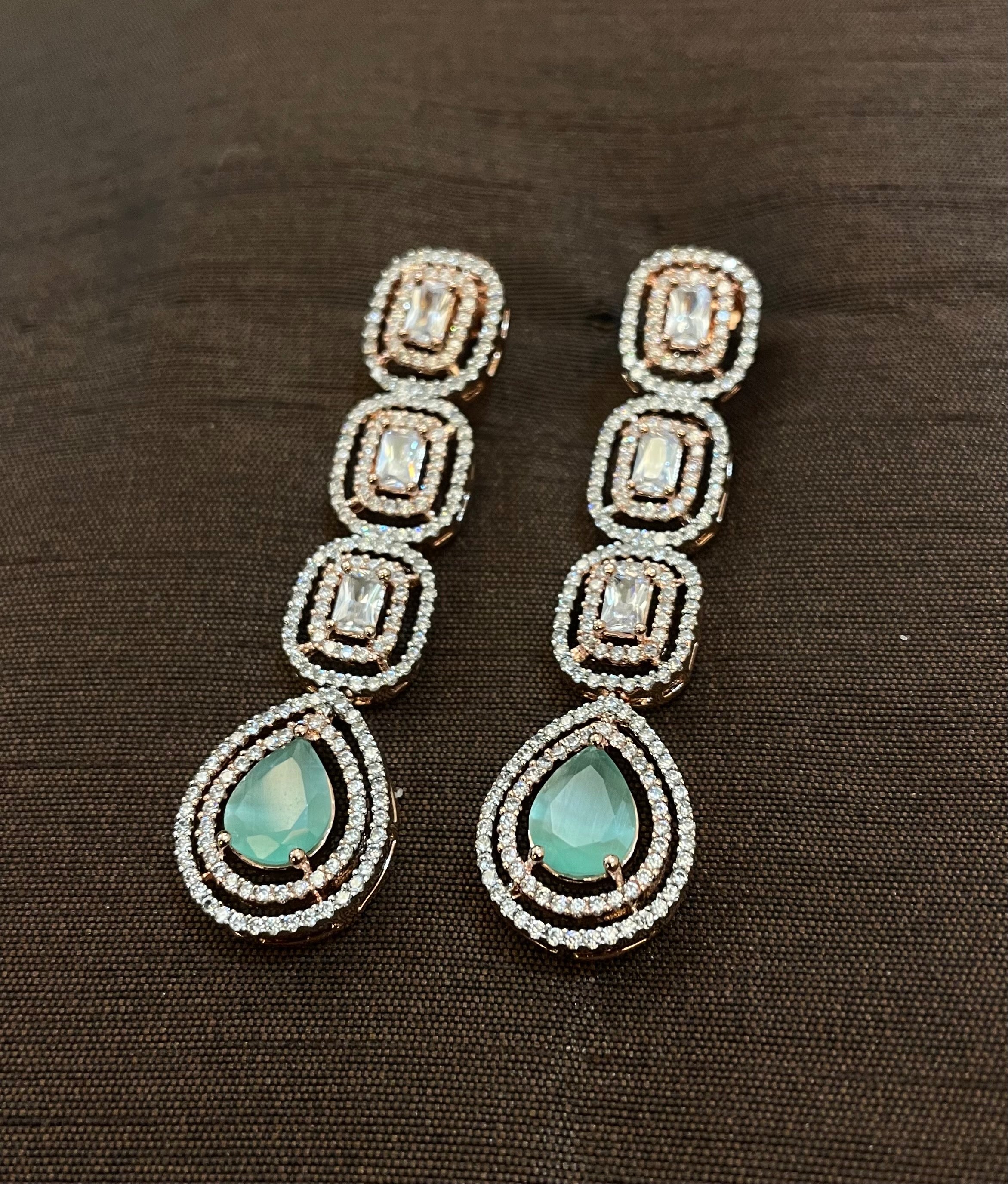 White Diamonds With Green Stone Long Earrings
