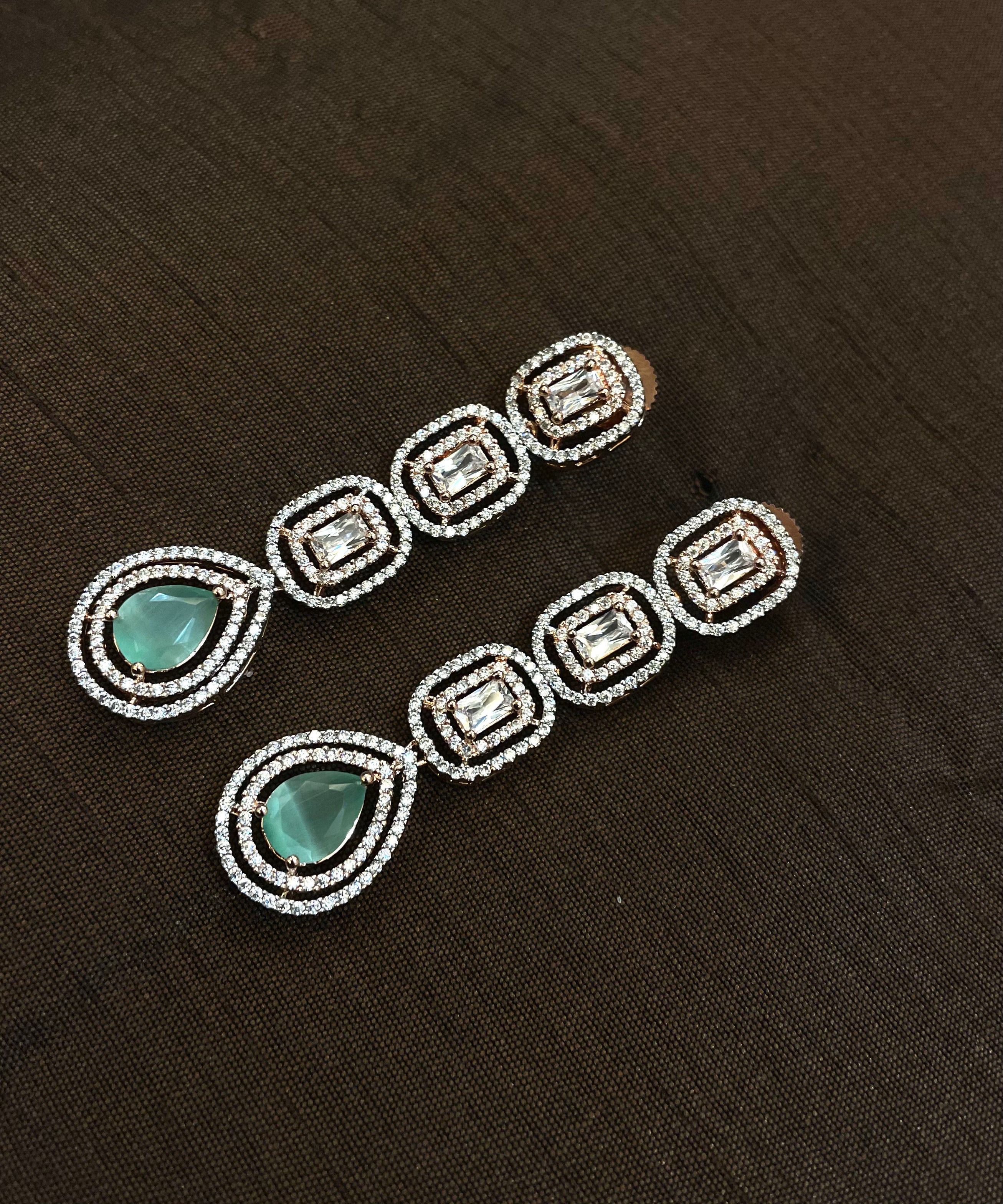 White Diamonds With Green Stone Long Earrings