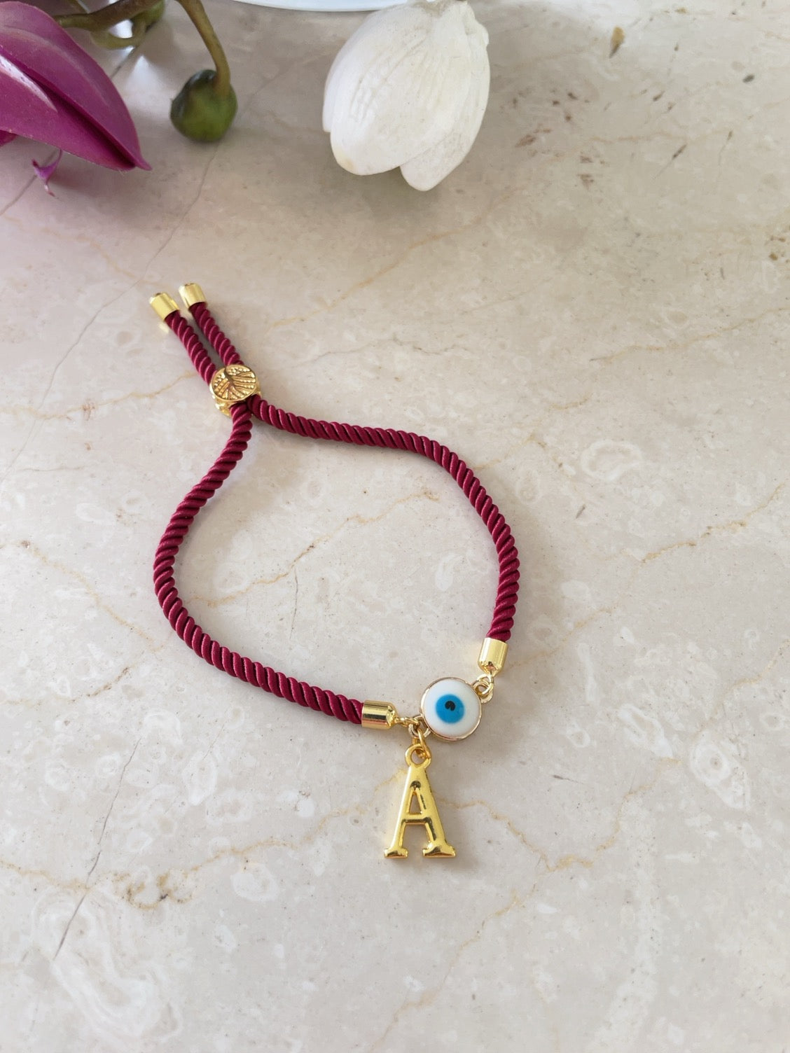 Personalised Evil Eye Letter bracelet with Maroon Cord